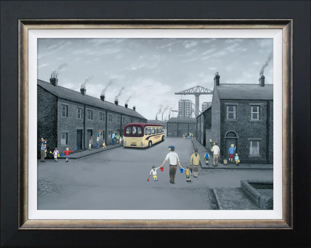 all aboard for the seaside framed canvas print by artist leigh lambert