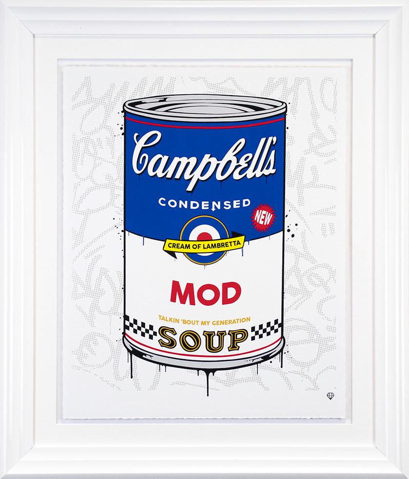 campbells mod soup white framed print by artist JJ Adams