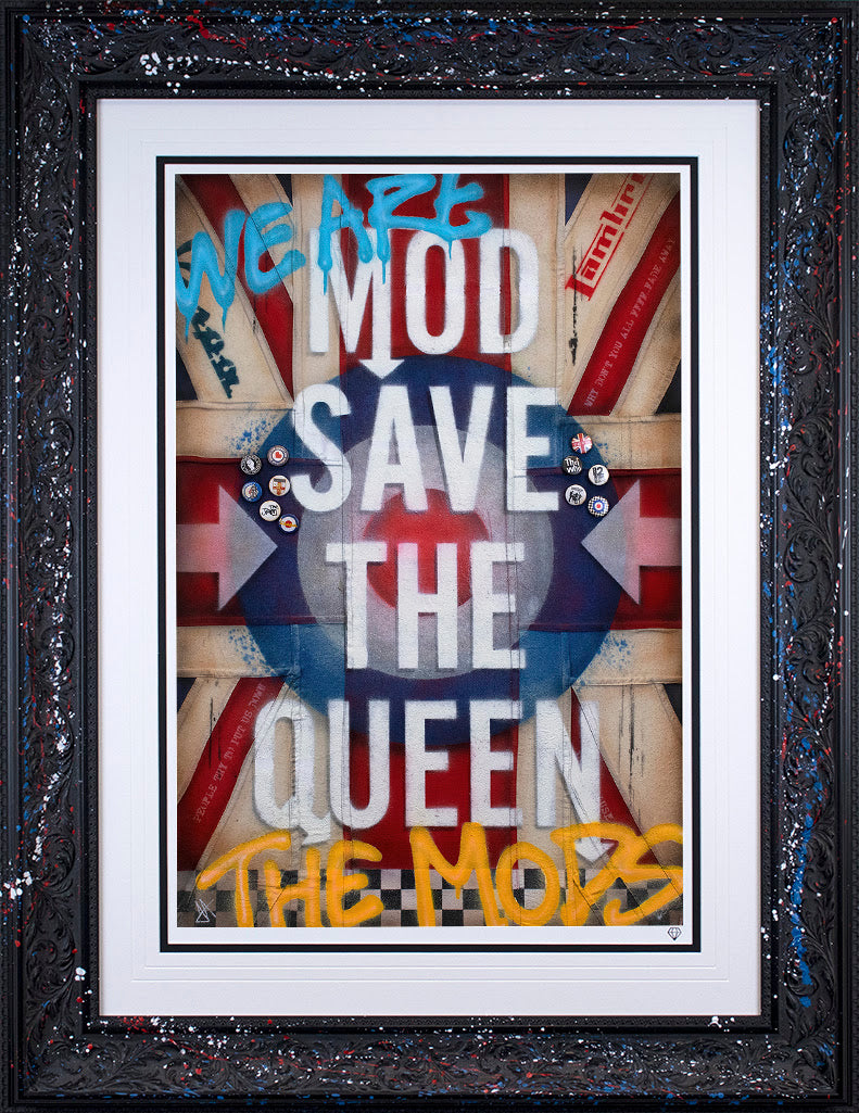 mod save the queen black framed print by artist JJ Adams