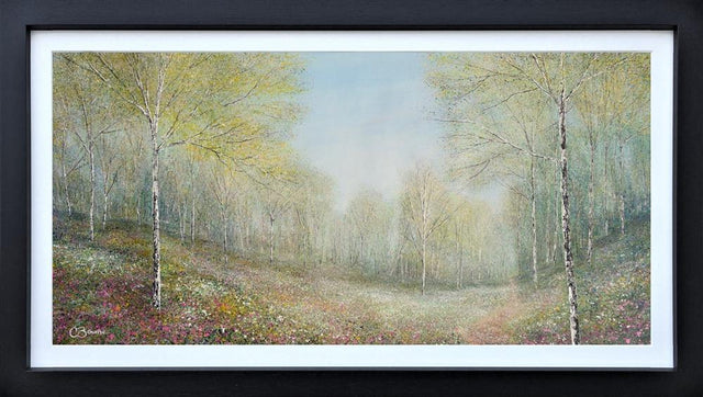 wildflowers adorn the woodland floor framed original by artist chris bourne