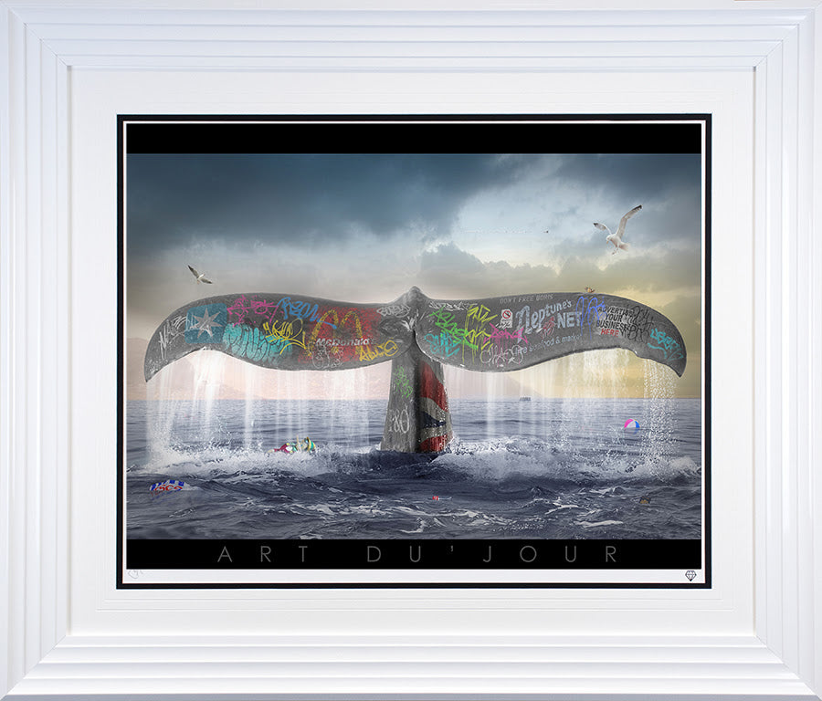 a whales tale print framed in white by artist jj adams