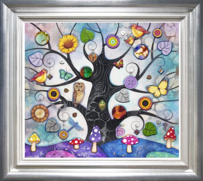 blue tree of charms framed by artist Kerry darlington