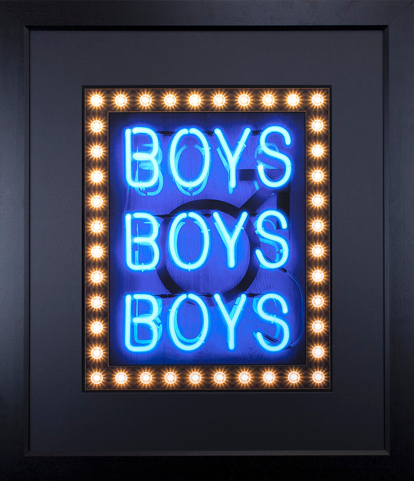 boys boys boys blue print framed in black by artist courty