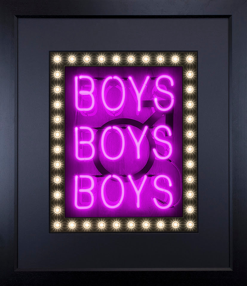 boys boys boys purple print framed in black by artist courty
