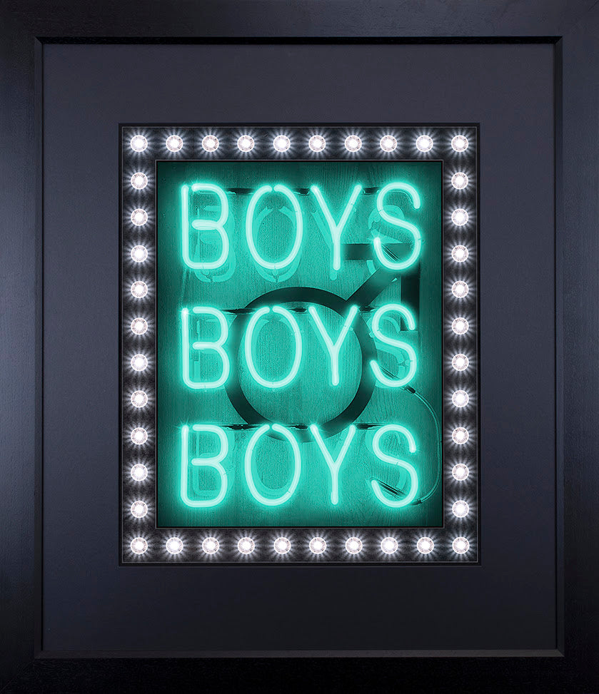 boys boys boys turquoise print framed in black by artist courty