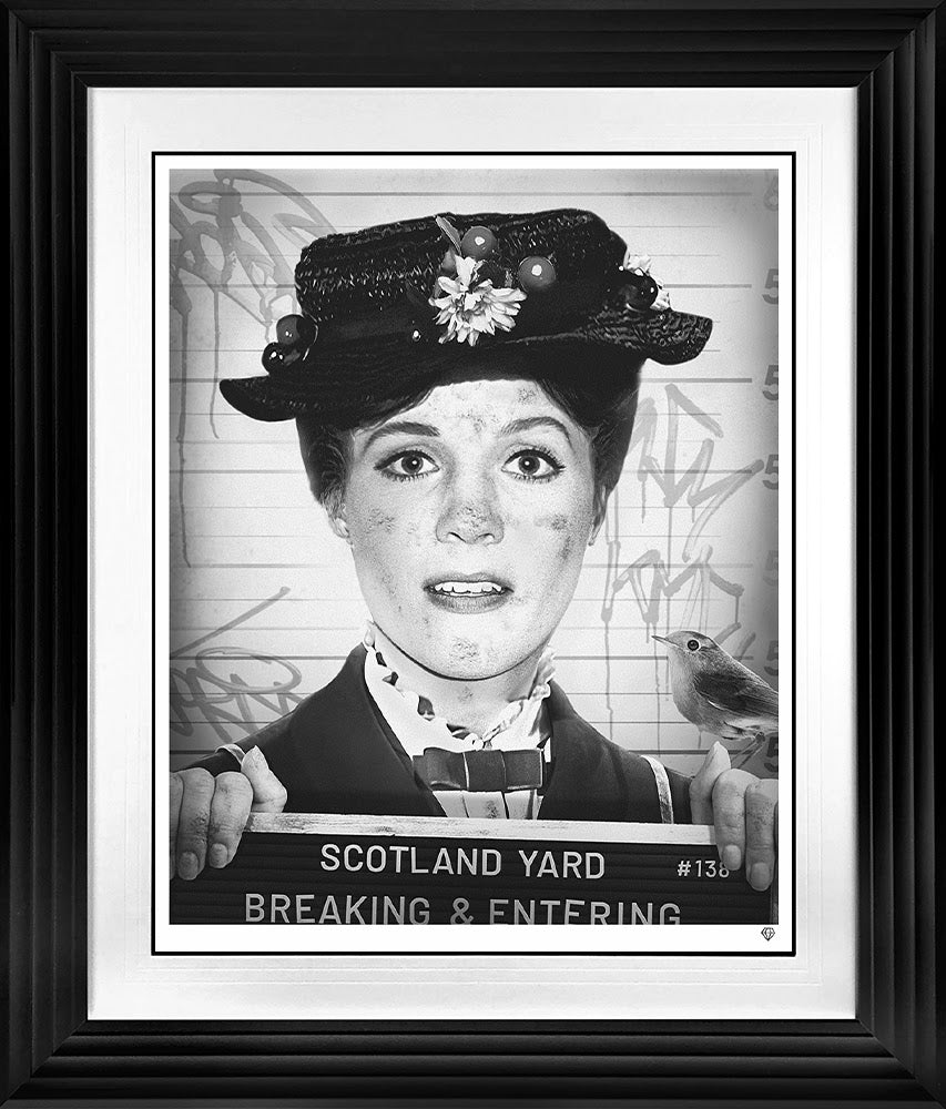 breaking and entering black and white print framed in black by artist jj adams