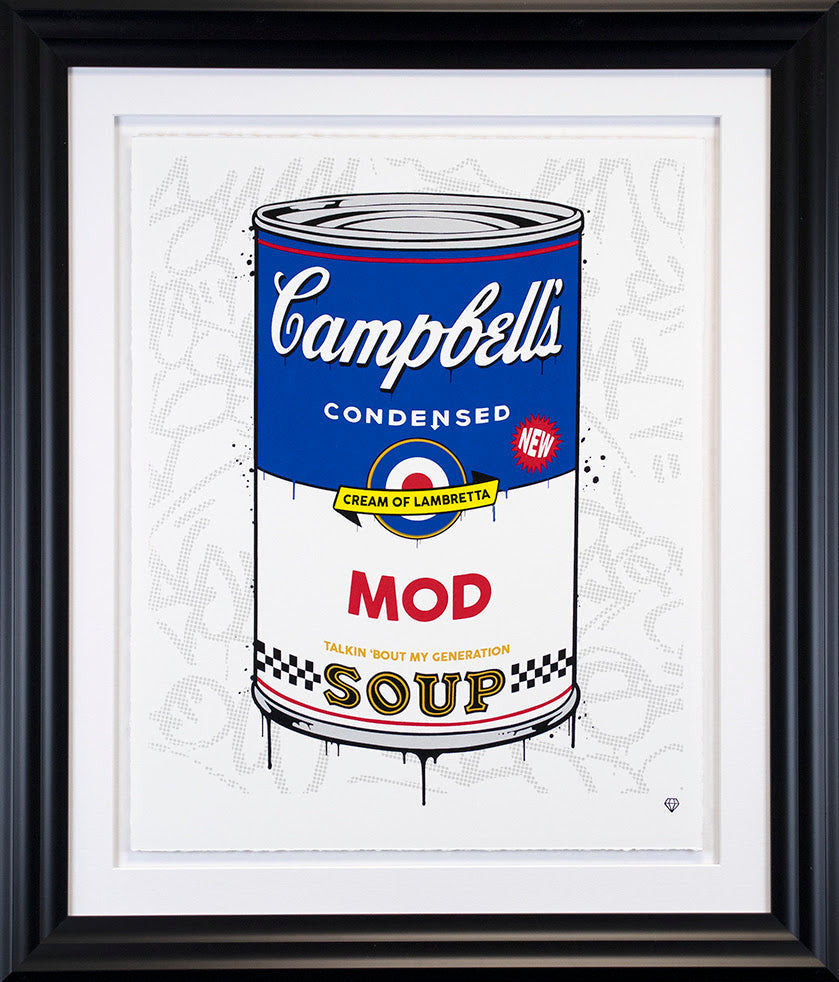 campbells mod soup black framed print by artist JJ Adams