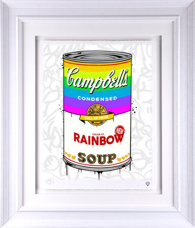 campbells rainbow soup print framed in white by artist jj adams