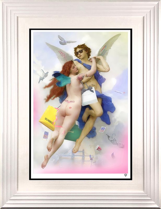 cupid and psyche print framed in white by artist jj adams