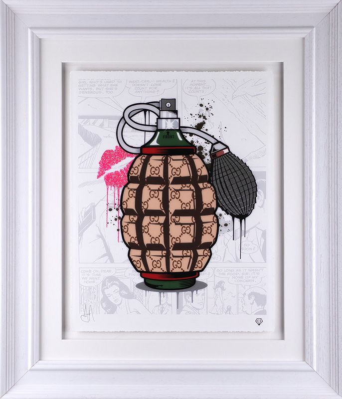 designer grenades gucci perfume framed print by artist jj adams
