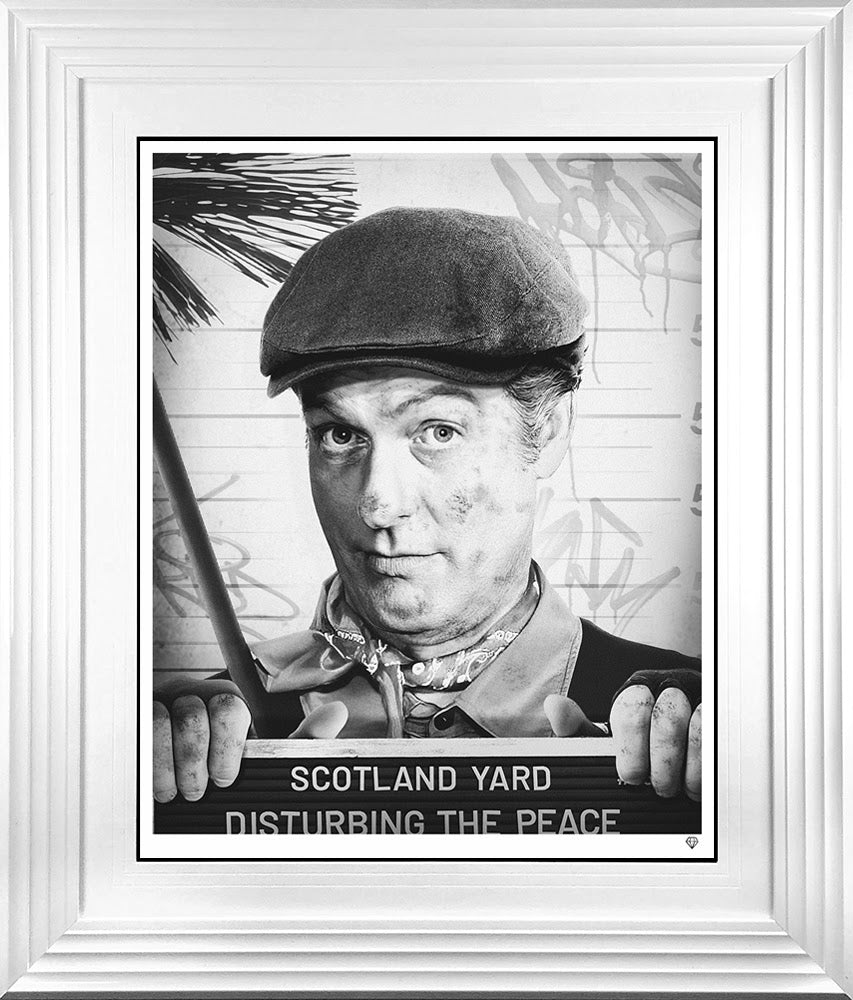 disturbing the peace black and white print framed in white by artist jj adams