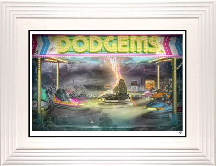 dodgems print framed in white by artist jj adams