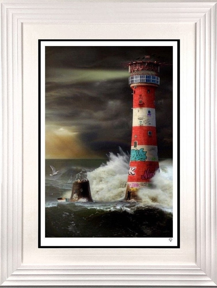 eddystone lighthouse print framed in white by artist jj adams