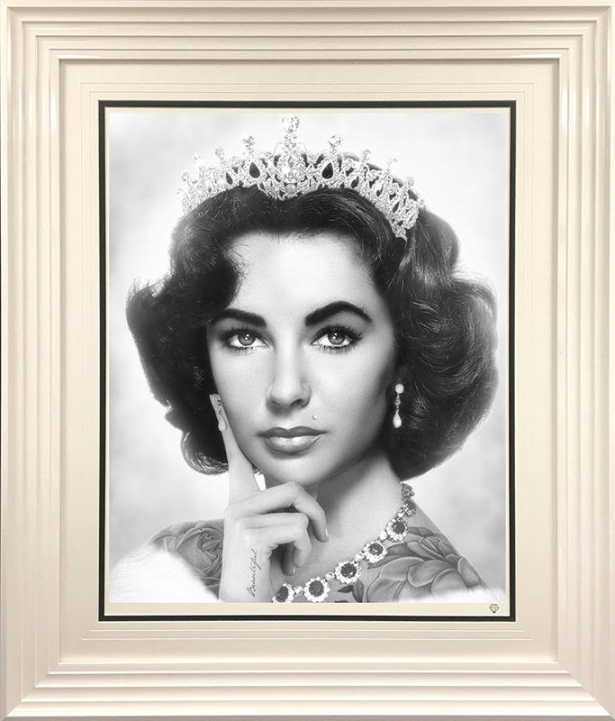 elizabeth taylor black and white print framed in white by artist jj adams
