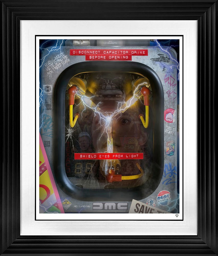 flux capacitor print framed in black by artist jj adams
