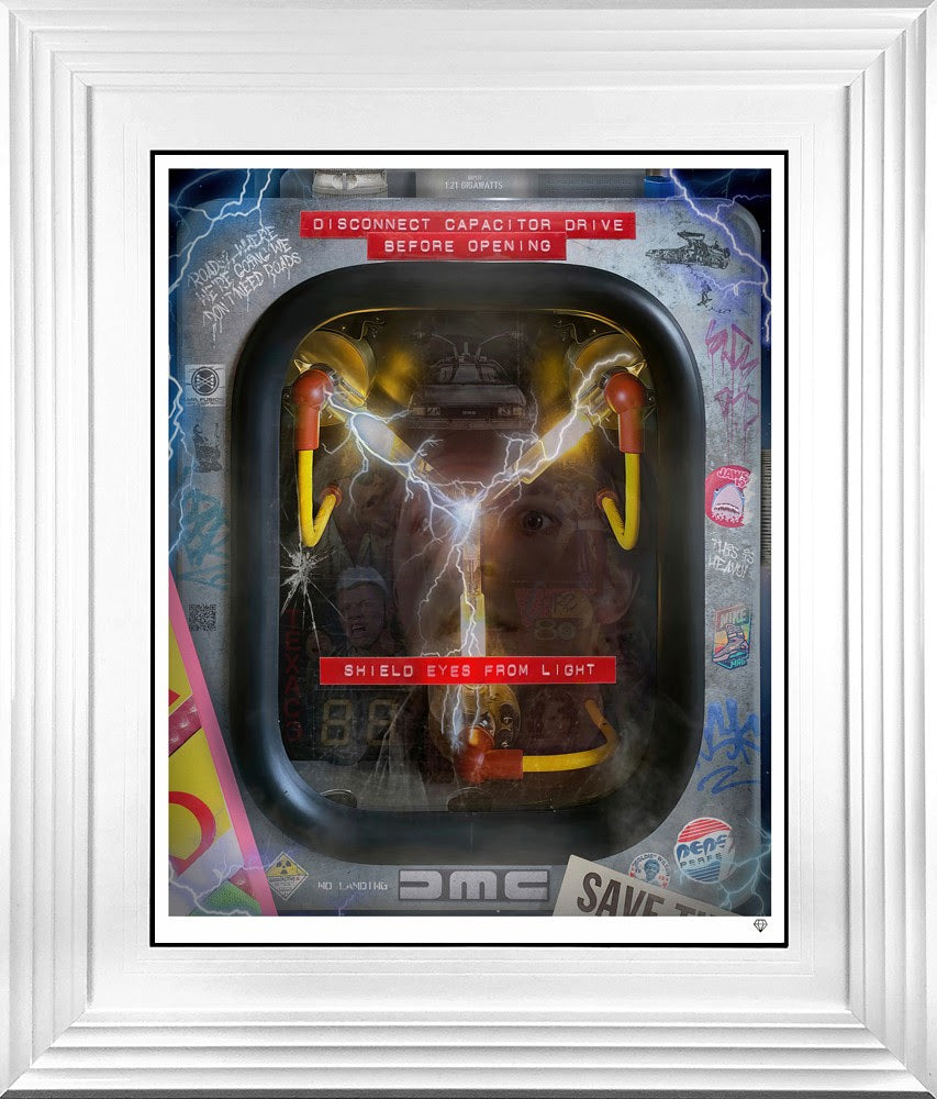 flux capacitor print framed in white by artist jj adams