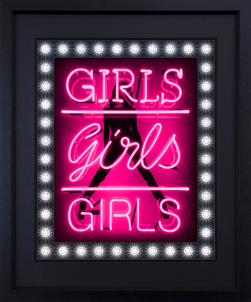 girls girls girls hot pink deluxe print framed in black by artist courty