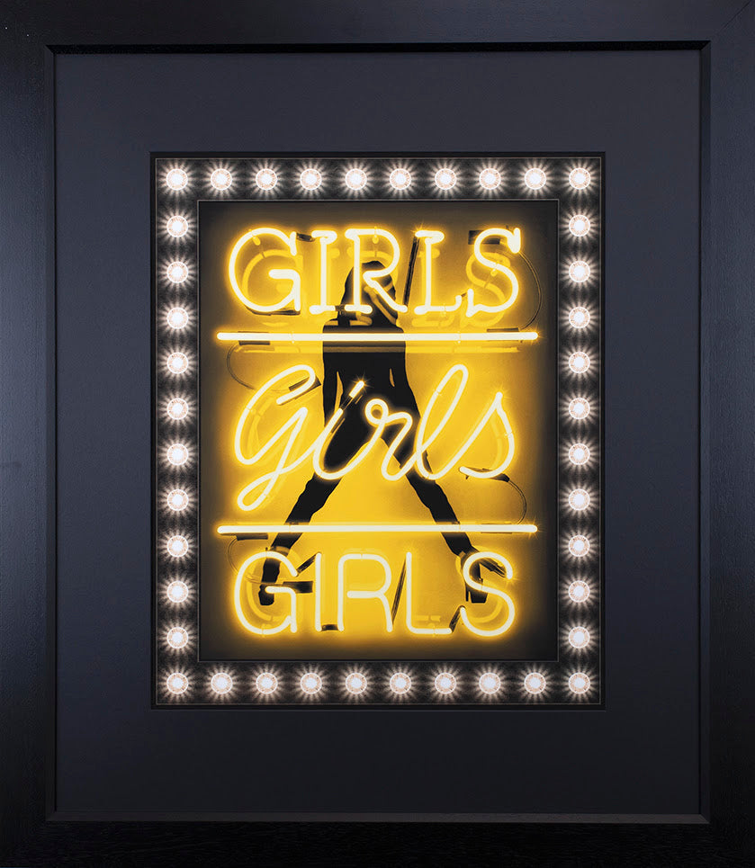 girls girls irls yellow print framed in black by artist courty