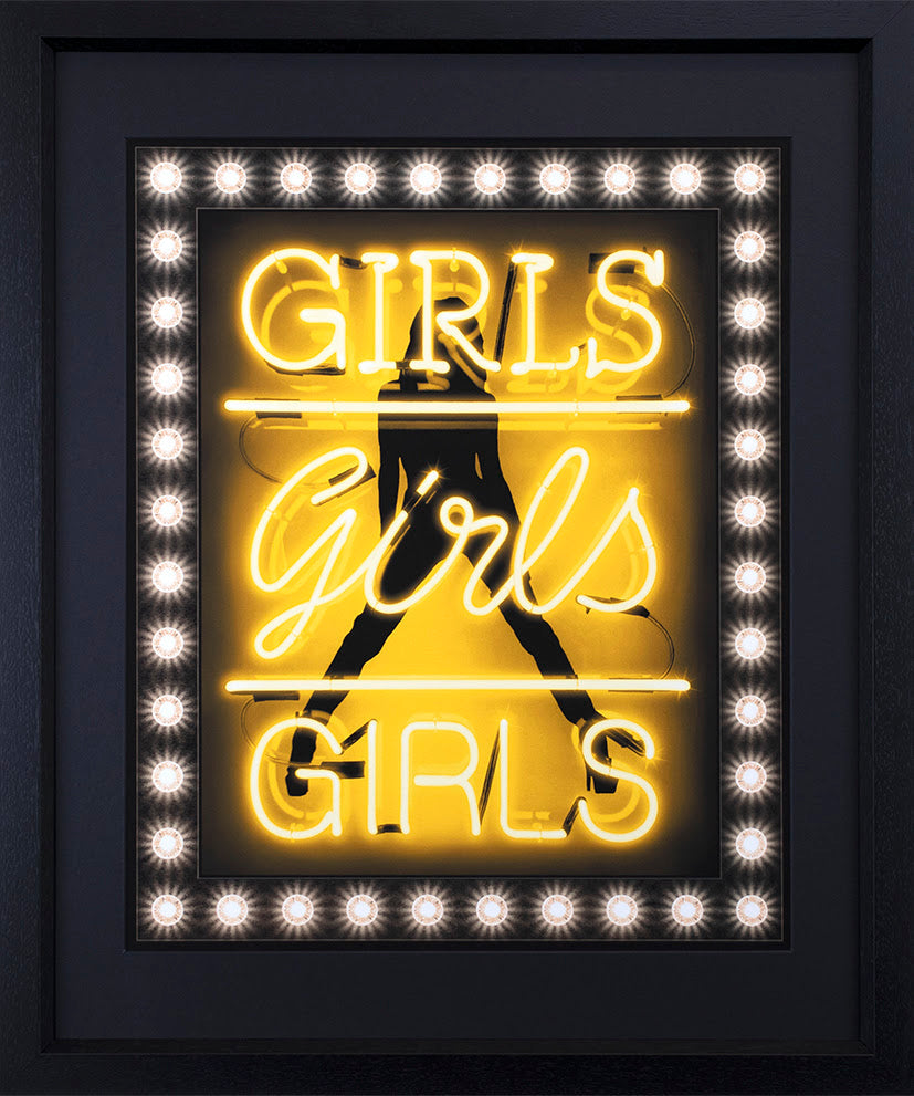 girls girls girls yellow deluxe print framed in black by artist courty