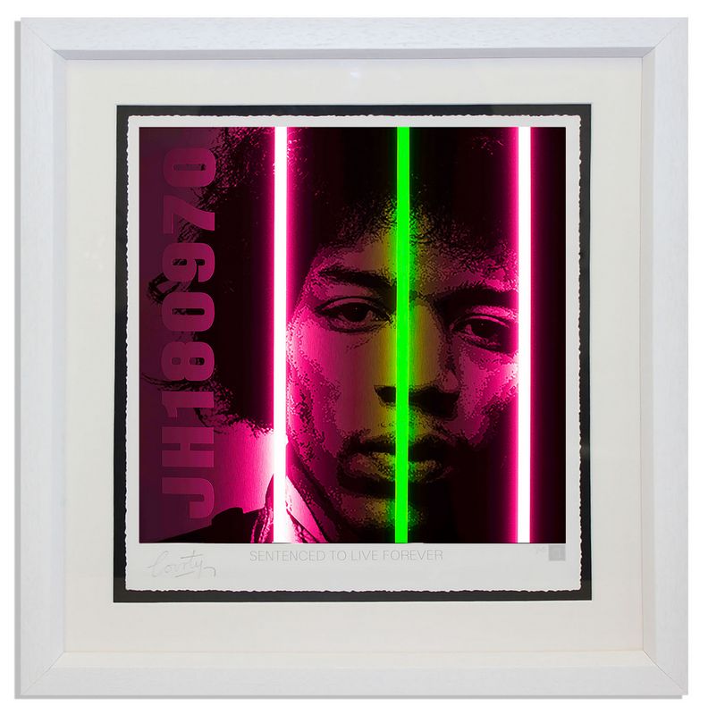 hendrix print framed in white by artist courty