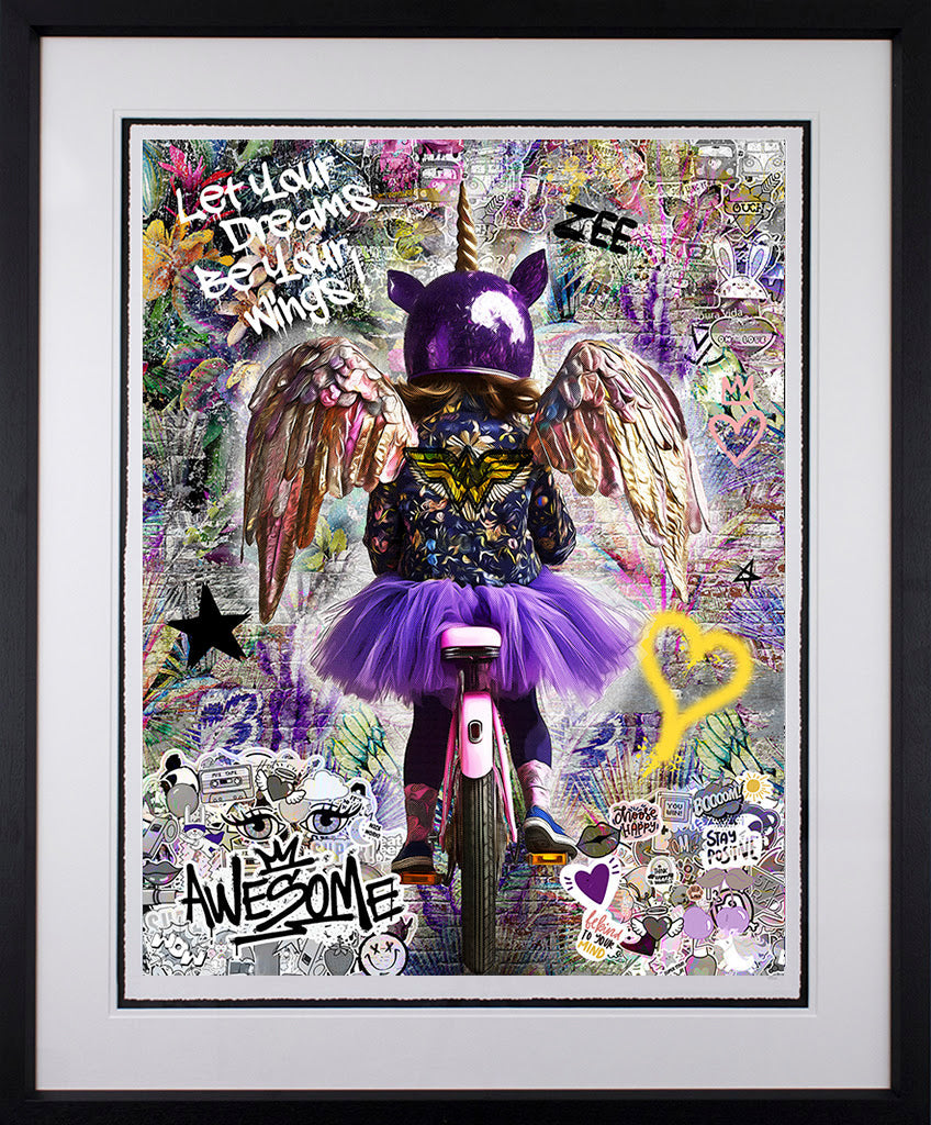 let your dreams be your winfs black framed print by artist zee