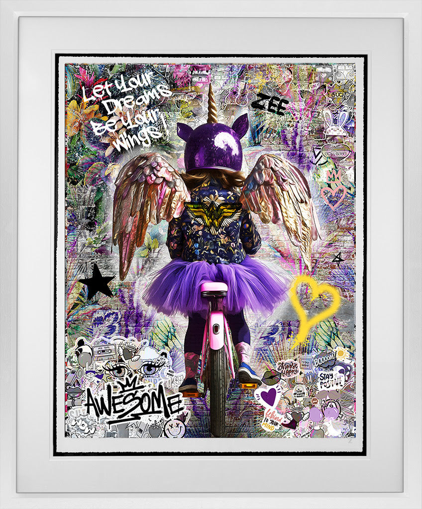 let your dreams be your wings white framed print by artist zee