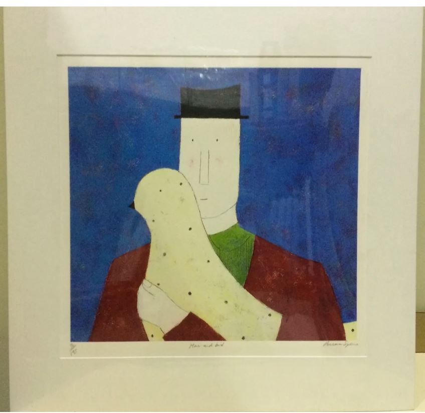 man and bird mounted priny by artist annora spence