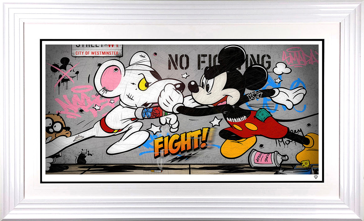 mouse fight ii the rematch print framed in white by artist jj adams