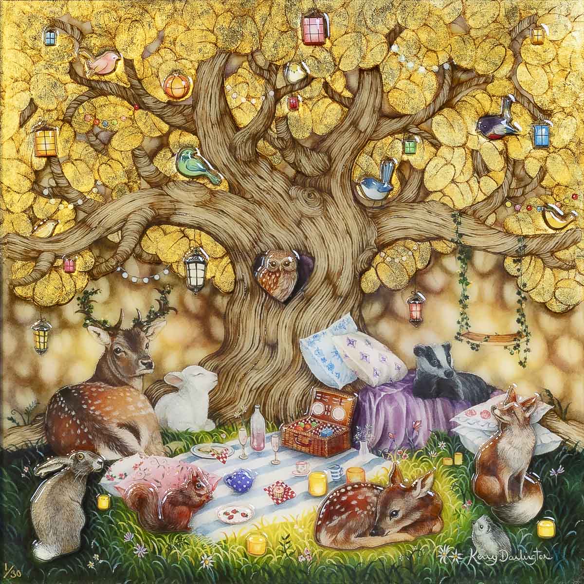 our golden canopy hand embellished print with 3d elements and resin by kerry darlington