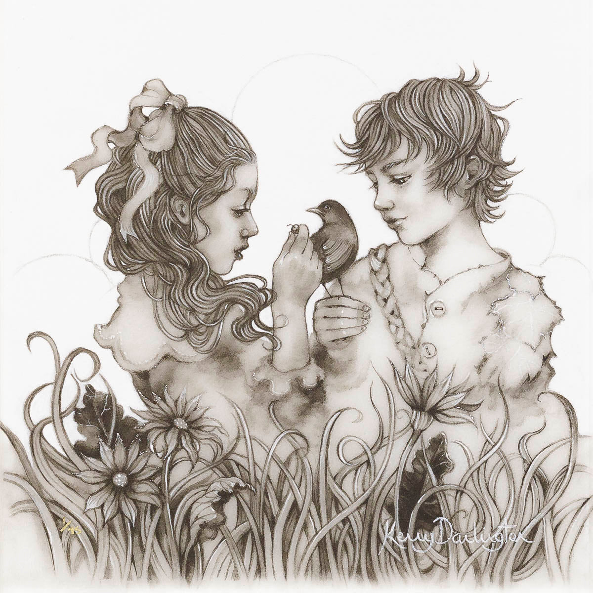 peter and wendy in neverland print embellished with silver leaf and varnish by artist kerry darlington