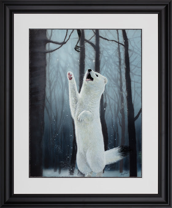 preying in the snow framed print by artist angus gardner