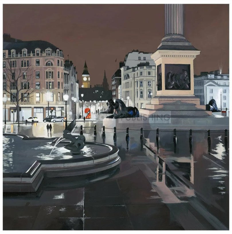 rainy night trafalgar square mounted print by artist jo quigley