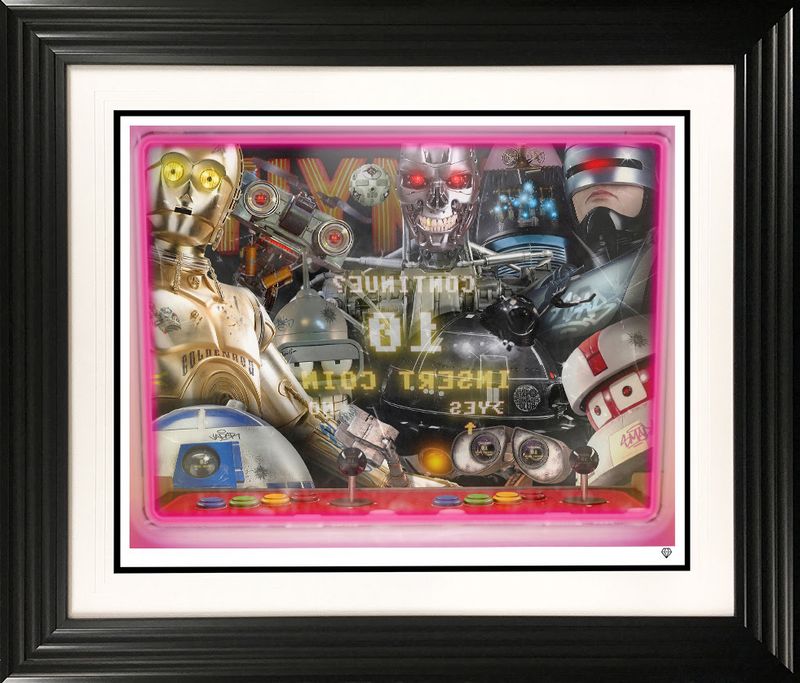 robots arcade black framed print by artist JJ Adams