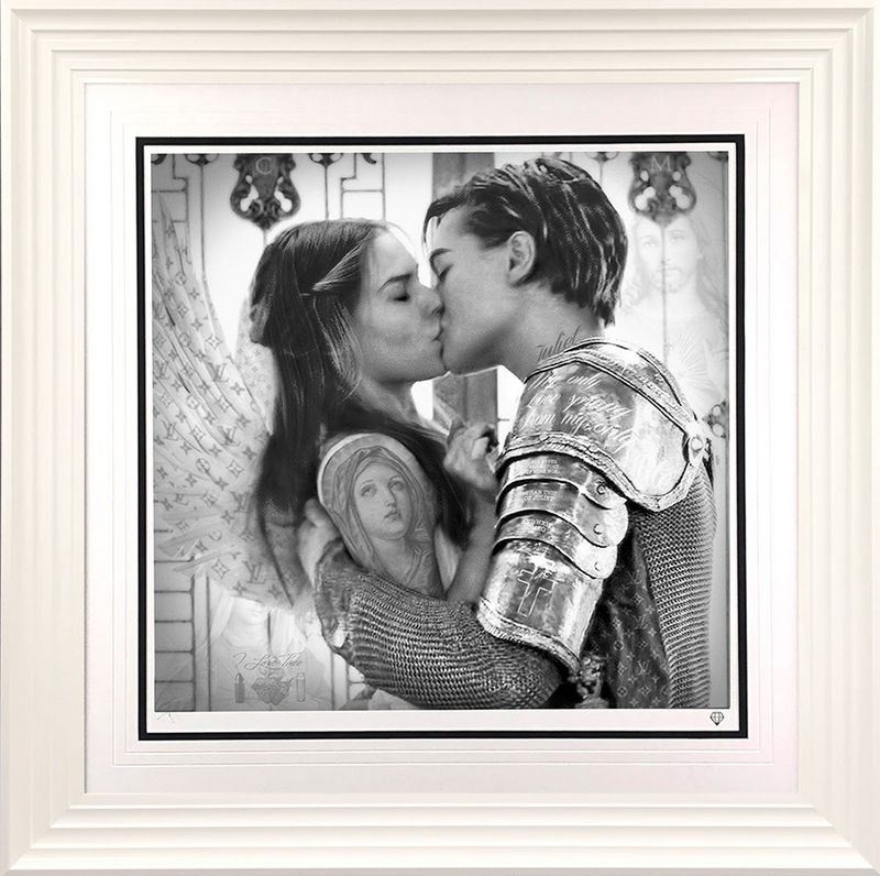 romeo and juliet black and white print framed in white by artist jj adams