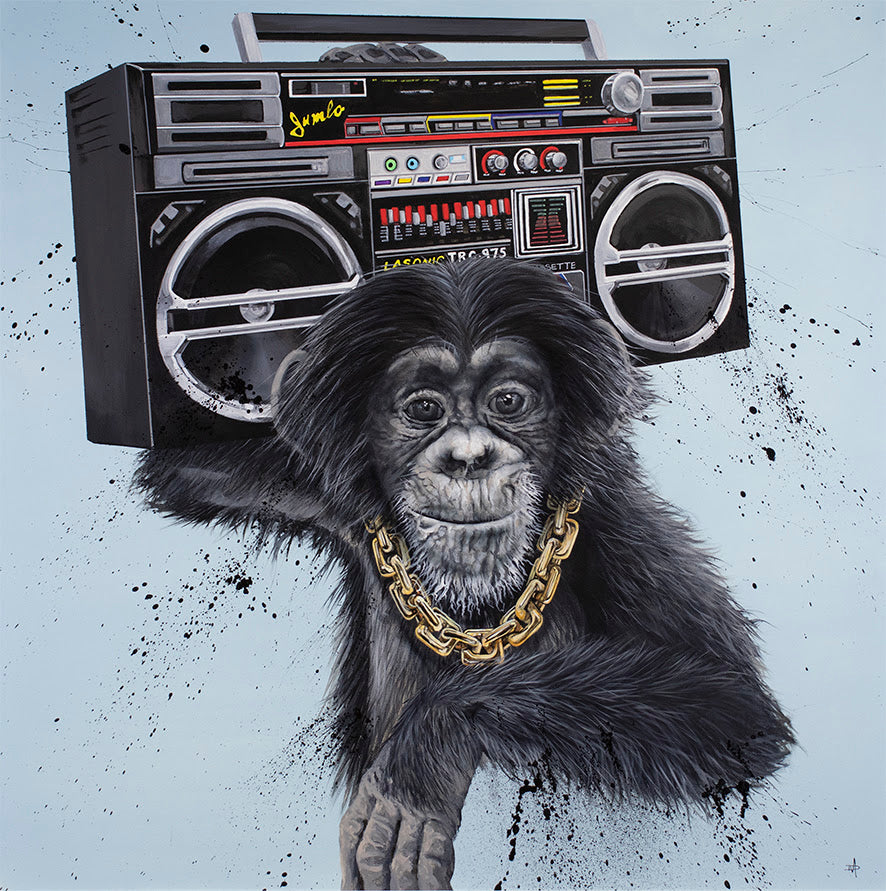 run chimppanzee mounted print by artist dean martin