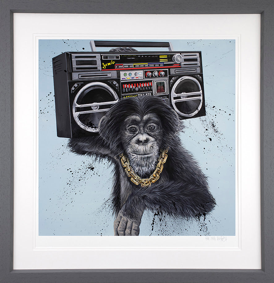 run chimppanzee print framed in grey by artist dean martin