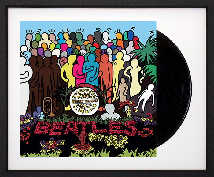 sgt peppers lonely hearts club band album cover with vinyl record framed by artist tboy
