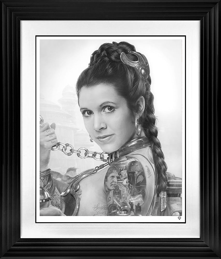 slave leia tattoo black and white print framed in black by artist jj adams