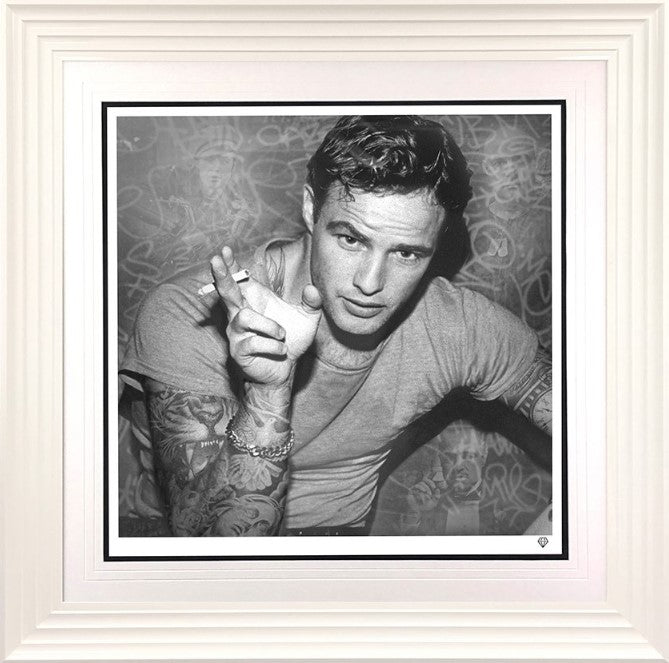 smoking gun brando black and white print framed in white by artist jj adams