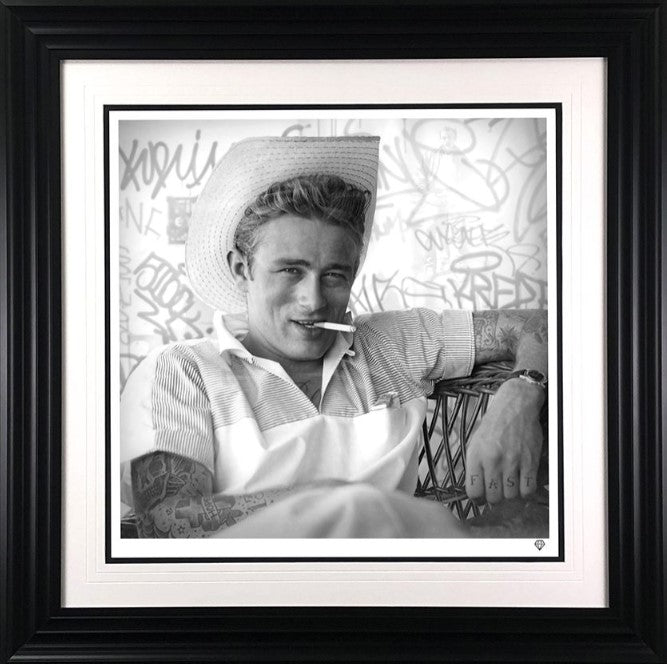 smoing gun james dean black and white print framed in black by artist jj adams