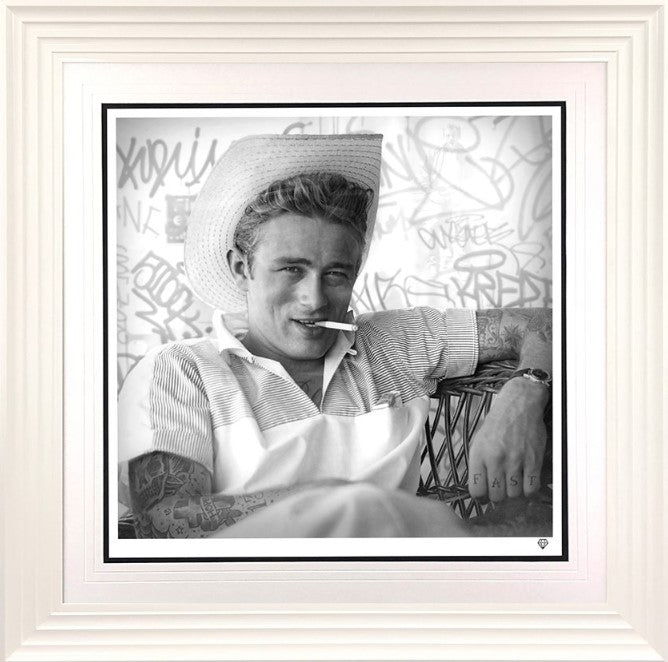 smoking gun james dean black and white print framed in white by artist jj adams