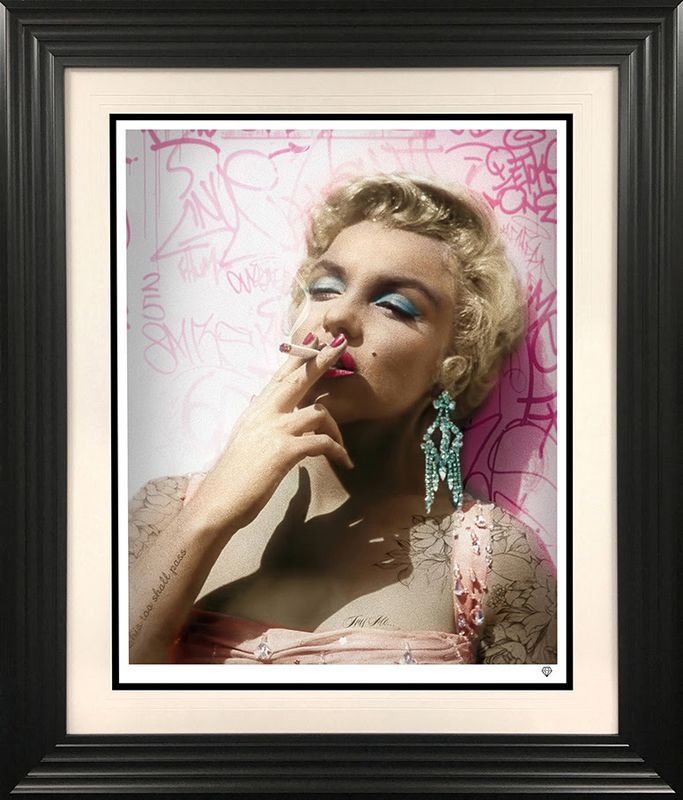 smoking gun marilyn colour print framed in black by artist jj adams