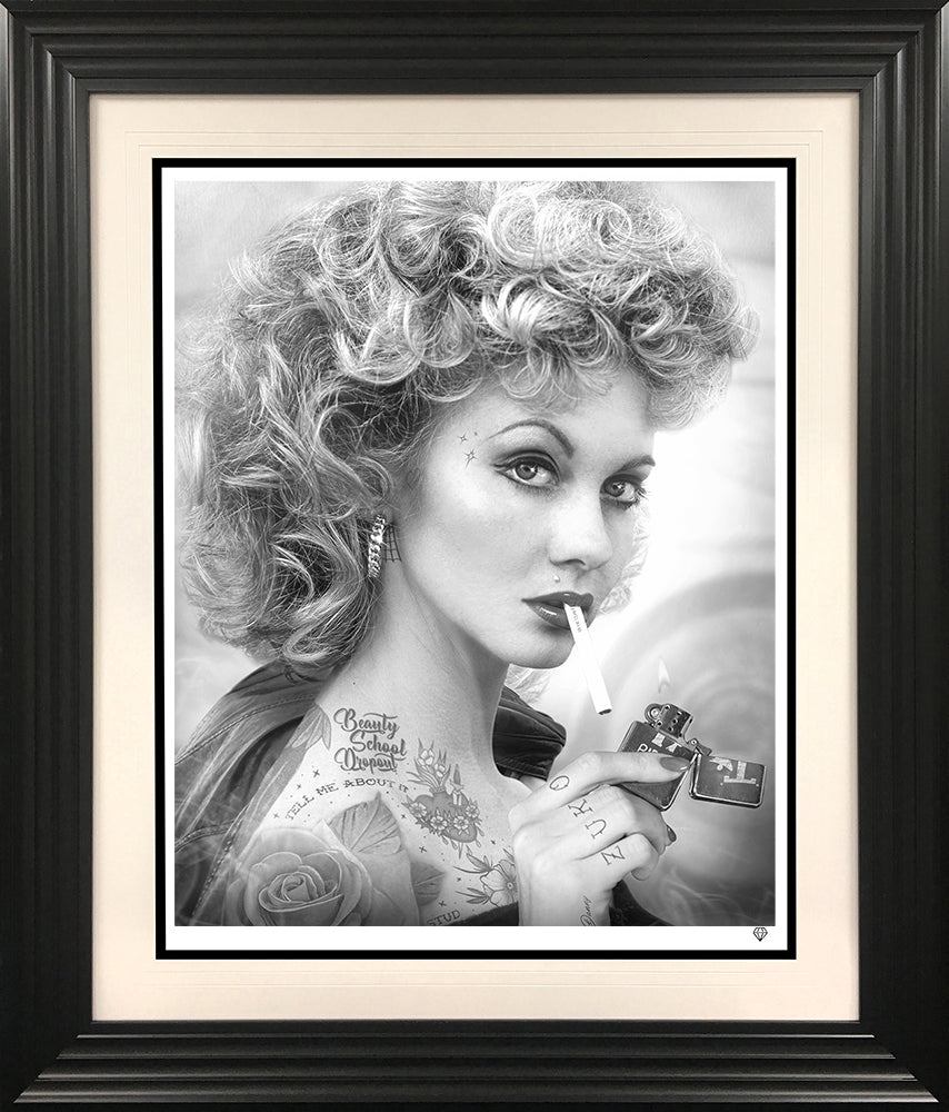tell me about it stud black and white print framed in black by artist jj adams