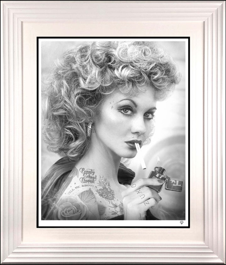 tell me about it stud black and white print framed in white by artist jj adams
