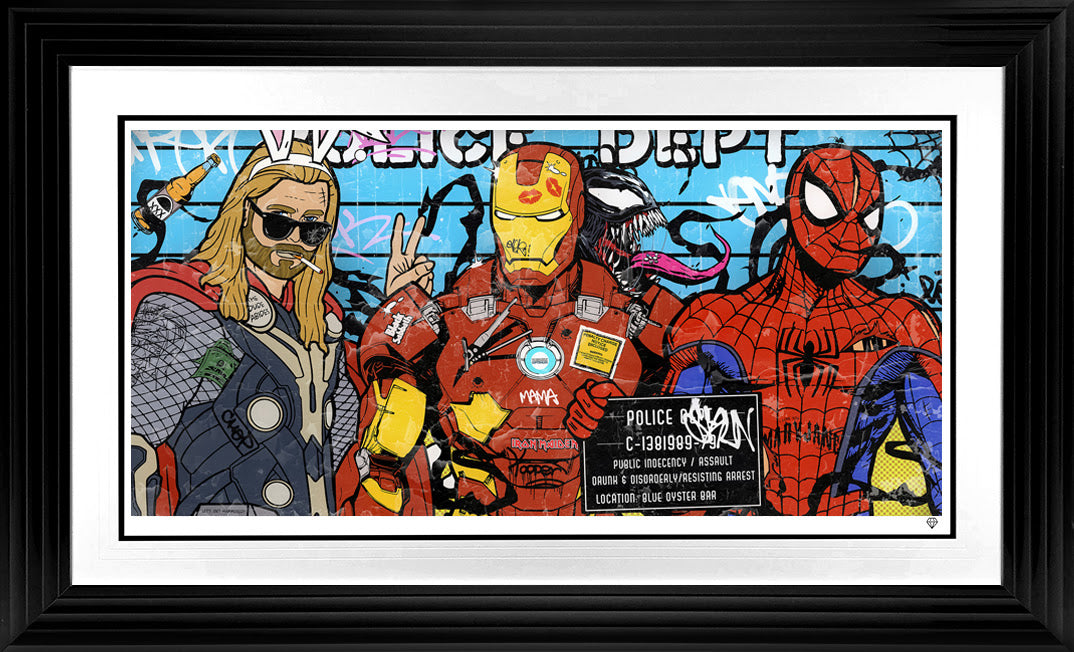 unusual suspects print framed in black by artist jj adams