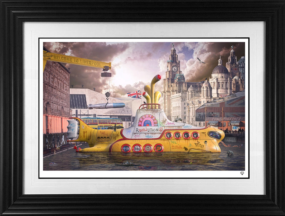 we all live in a yellow submarine print framed in black by artist jj adams