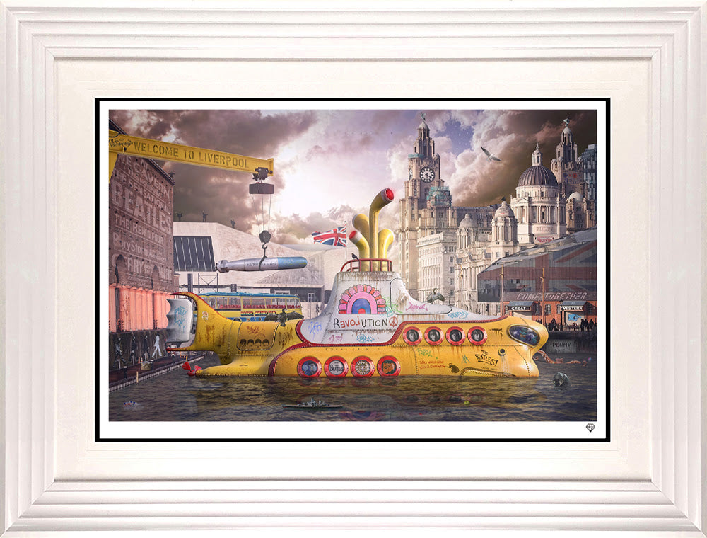 we all live in a yellow submarine print framed in white by artist jj adams