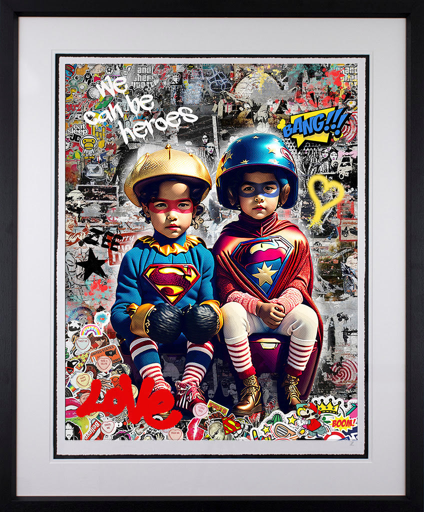 we can be heroes black framed print by artist zee