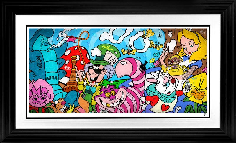 were all mad here print framed in black by artist jj adams