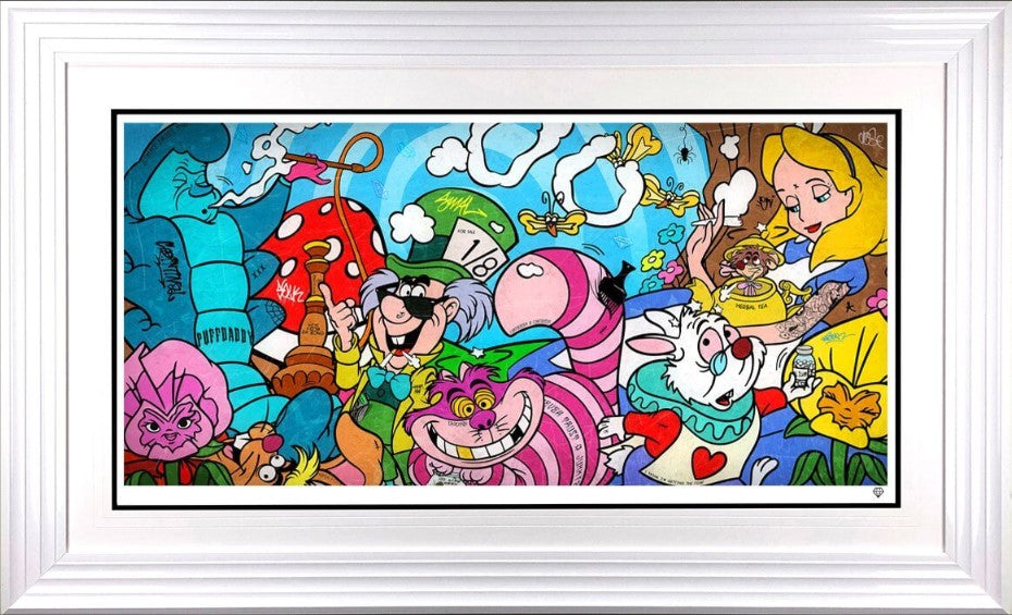 were all mad here print framed in white by artist jj adams